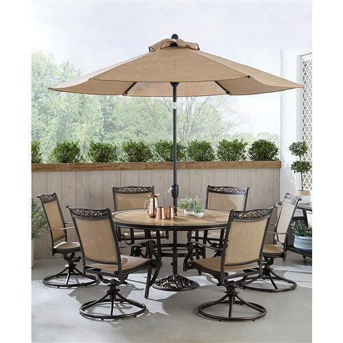 Hanover - Fontana 7pc: 6 Sling Swivel Rockers, 60" Round Tile Table, Umbrella, Base - Tan/Bronze-United Backyard