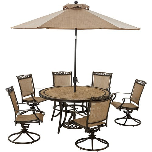 Hanover - Fontana 7pc: 6 Sling Swivel Rockers, 60" Round Tile Table, Umbrella, Base - Tan/Bronze-United Backyard