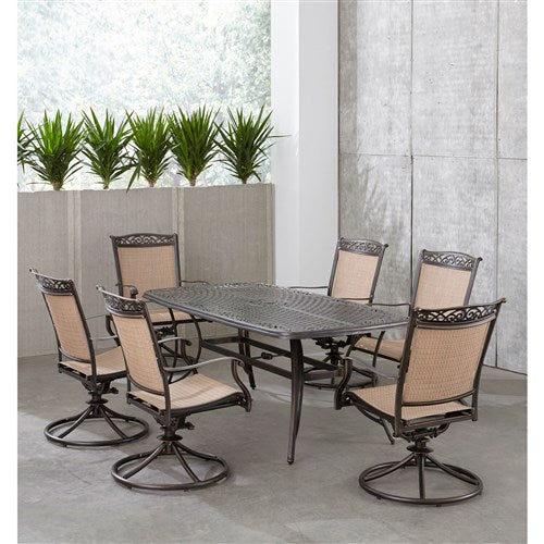 Hanover - Fontana 7pc: 6 Sling Swivel Rockers and 38"x72" Cast Table - Tan/Bronze-United Backyard