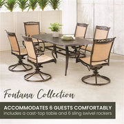 Hanover - Fontana 7pc: 6 Sling Swivel Rockers and 38"x72" Cast Table - Tan/Bronze-United Backyard