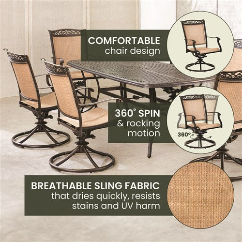 Hanover - Fontana 7pc: 6 Sling Swivel Rockers and 38"x72" Cast Table - Tan/Bronze-United Backyard