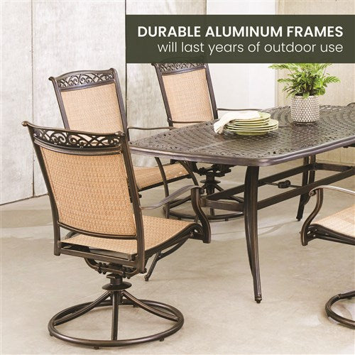 Hanover - Fontana 7pc: 6 Sling Swivel Rockers and 38"x72" Cast Table - Tan/Bronze-United Backyard