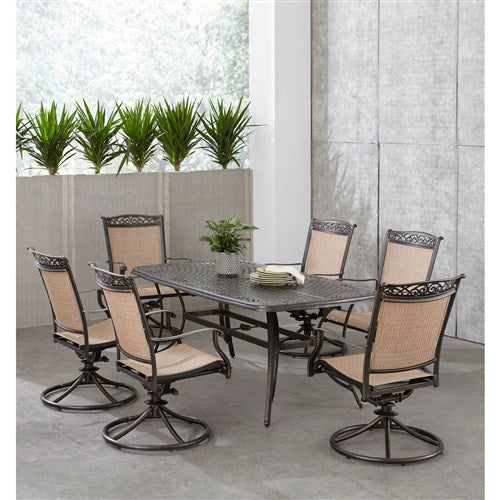 Hanover - Fontana 7pc: 6 Sling Swivel Rockers and 38"x72" Cast Table - Tan/Bronze-United Backyard