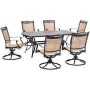 Hanover - Fontana 7pc: 6 Sling Swivel Rockers and 38"x72" Cast Table - Tan/Bronze-United Backyard