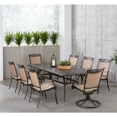Hanover - Fontana 9pc: 6 Dining Chairs, 2 Swivel Rockers, 42"x84" Cast Table - Tan/Bronze-United Backyard