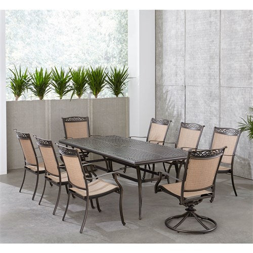 Hanover - Fontana 9pc: 6 Dining Chairs, 2 Swivel Rockers, 42"x84" Cast Table - Tan/Bronze-United Backyard