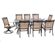 Hanover - Fontana 9pc: 6 Dining Chairs, 2 Swivel Rockers, 42"x84" Cast Table - Tan/Bronze-United Backyard