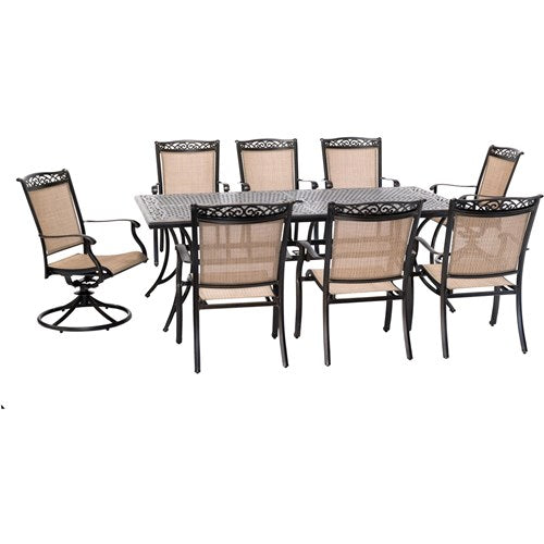 Hanover - Fontana 9pc: 6 Dining Chairs, 2 Swivel Rockers, 42"x84" Cast Table - Tan/Bronze-United Backyard