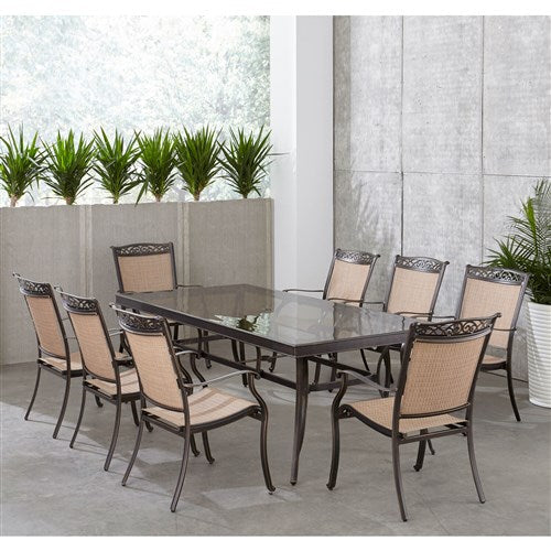 Hanover - Fontana 9pc: 8 Sling Dining Chairs, 42x84" Glass Top Table - Tan Sling/Glass-United Backyard