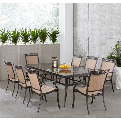 Hanover - Fontana 9pc: 8 Sling Dining Chairs, 42x84" Glass Top Table - Tan Sling/Glass-United Backyard