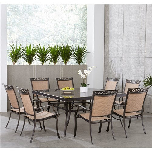 Hanover - Fontana 9pc: 8 Sling Dining Chairs, 60" Square Glass Top Table - Tan Sling/Glass-United Backyard