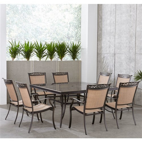 Hanover - Fontana 9pc: 8 Sling Dining Chairs, 60" Square Glass Top Table - Tan Sling/Glass-United Backyard