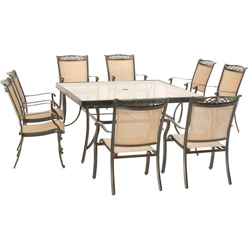 Hanover - Fontana 9pc: 8 Sling Dining Chairs, 60" Square Glass Top Table - Tan Sling/Glass-United Backyard