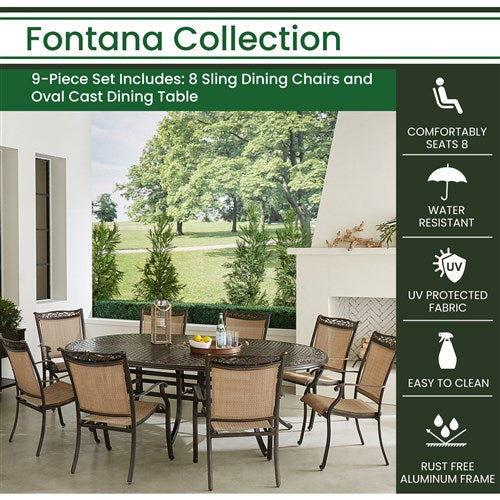 Hanover - Fontana 9pc: 8 Sling Dining Chairs, 96"x60" Oval Cast Table - Tan/Bronze-United Backyard