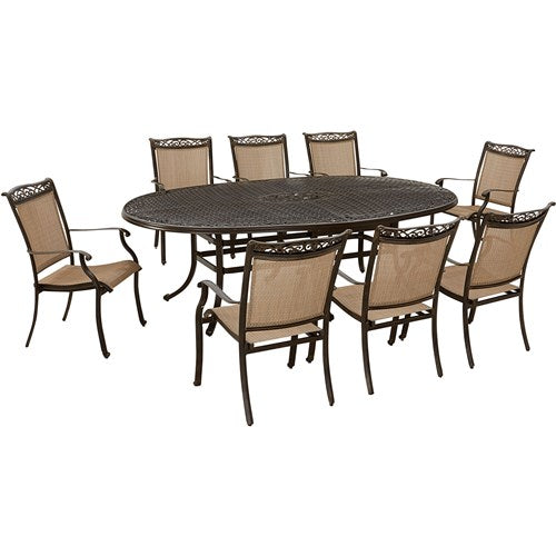 Hanover - Fontana 9pc: 8 Sling Dining Chairs, 96"x60" Oval Cast Table - Tan/Bronze-United Backyard