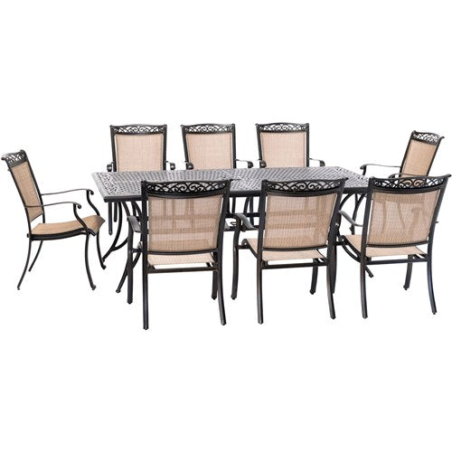 Hanover - Fontana 9pc: 8 Sling Dining Chairs and 42"x84" Cast Table - Tan/Bronze-United Backyard