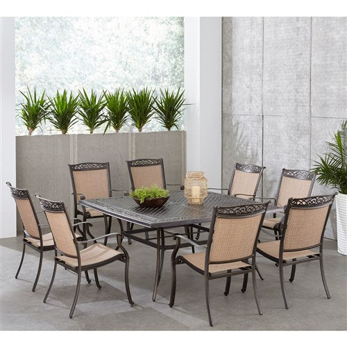 Hanover - Fontana 9pc: 8 Sling Dining Chairs and 60" Square Cast Table - Tan/Bronze-United Backyard