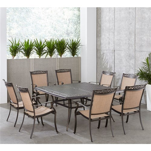 Hanover - Fontana 9pc: 8 Sling Dining Chairs and 60" Square Cast Table - Tan/Bronze-United Backyard