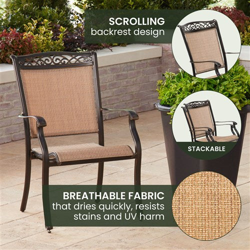 Hanover - Fontana 9pc: 8 Sling Dining Chairs and 60" Square Cast Table - Tan/Bronze-United Backyard