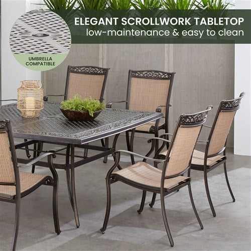 Hanover - Fontana 9pc: 8 Sling Dining Chairs and 60" Square Cast Table - Tan/Bronze-United Backyard