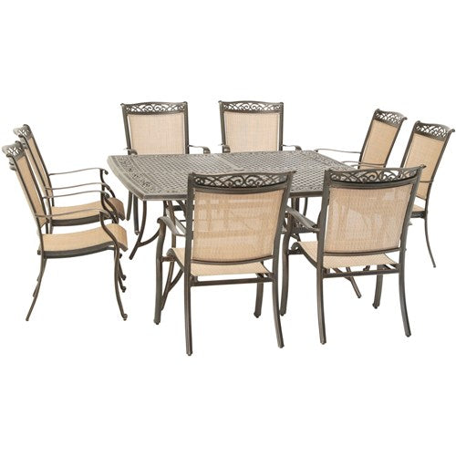 Hanover - Fontana 9pc: 8 Sling Dining Chairs and 60" Square Cast Table - Tan/Bronze-United Backyard