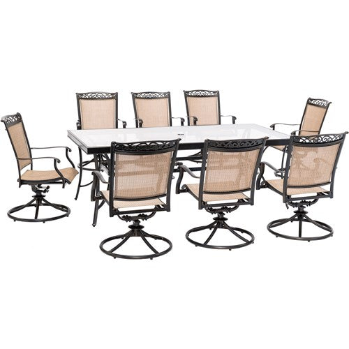 Hanover - Fontana 9pc: 8 Sling Swivel Rockers, 42x84" Glass Top Table - Tan Sling/Glass-United Backyard