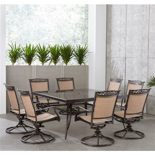 Hanover - Fontana 9pc: 8 Sling Swivel Rockers, 60" Square Glass Top Table - Tan Sling/Glass-United Backyard