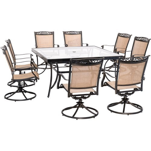 Hanover - Fontana 9pc: 8 Sling Swivel Rockers, 60" Square Glass Top Table - Tan Sling/Glass-United Backyard