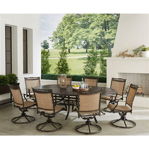 Hanover - Fontana 9pc: 8 Sling Swivel Rockers, 96"x60" Oval Cast Table - Tan/Bronze-United Backyard