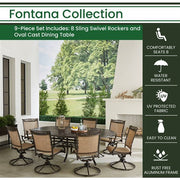Hanover - Fontana 9pc: 8 Sling Swivel Rockers, 96"x60" Oval Cast Table - Tan/Bronze-United Backyard