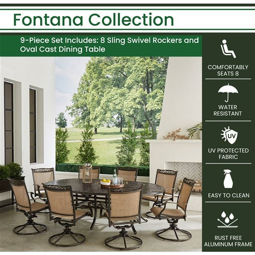 Hanover - Fontana 9pc: 8 Sling Swivel Rockers, 96"x60" Oval Cast Table - Tan/Bronze-United Backyard