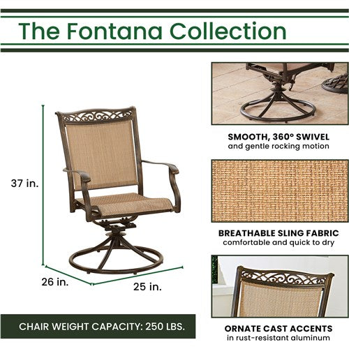 Hanover - Fontana 9pc: 8 Sling Swivel Rockers, 96"x60" Oval Cast Table - Tan/Bronze-United Backyard