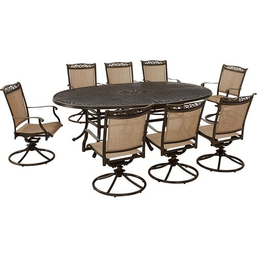 Hanover - Fontana 9pc: 8 Sling Swivel Rockers, 96"x60" Oval Cast Table - Tan/Bronze-United Backyard