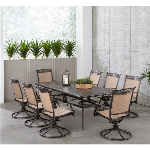 Hanover - Fontana 9pc: 8 Sling Swivel Rockers and 42"x84" Cast Table - Tan/Bronze-United Backyard