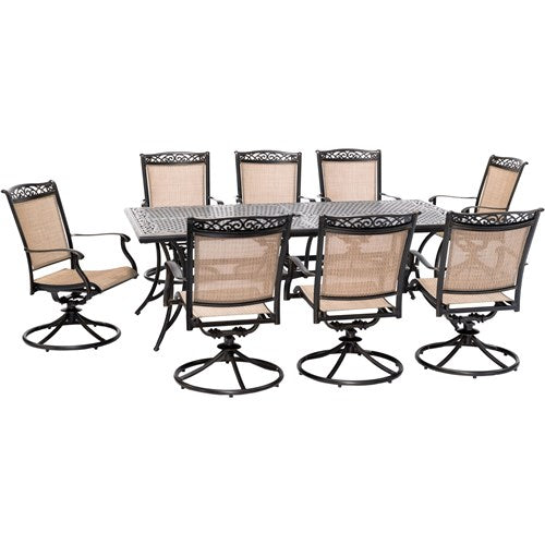 Hanover - Fontana 9pc: 8 Sling Swivel Rockers and 42"x84" Cast Table - Tan/Bronze-United Backyard