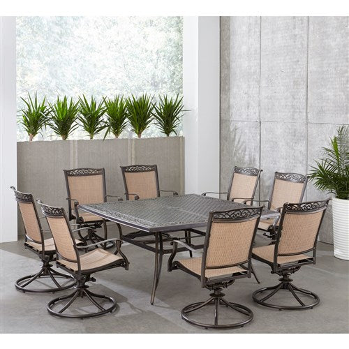 Hanover - Fontana 9pc: 8 Sling Swivel Rockers and 60" Square Cast Table - Tan/Bronze-United Backyard