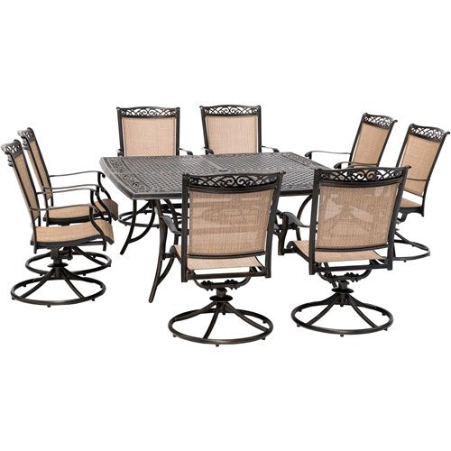 Hanover - Fontana 9pc: 8 Sling Swivel Rockers and 60" Square Cast Table - Tan/Bronze-United Backyard