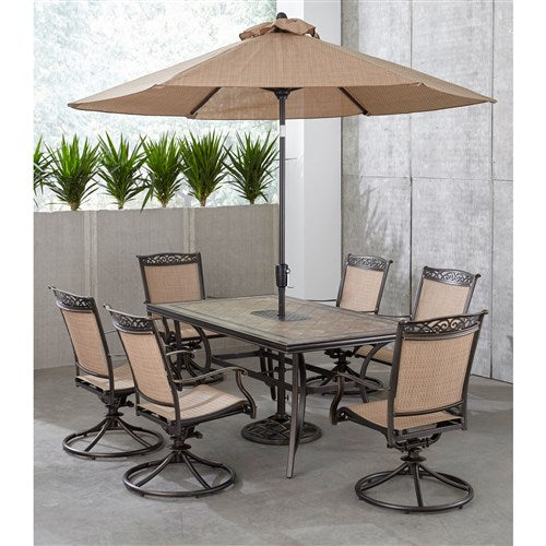 Hanover - Fontana7pc: 6 Sling Swivel Rockers, 40x68" Tile Top Table, Umbrella, Base - Tan Sling/Tile-United Backyard