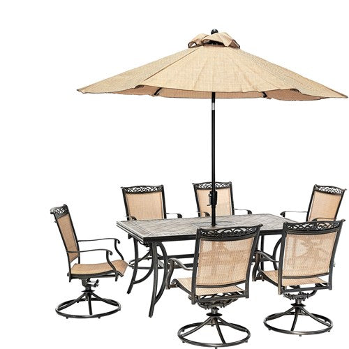 Hanover - Fontana7pc: 6 Sling Swivel Rockers, 40x68" Tile Top Table, Umbrella, Base - Tan Sling/Tile-United Backyard