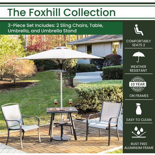 Hanover - Foxhill 3pc Dining Set: 2 Sling Dining Chairs, 30" Square Slat Table, Umbrella & Base - Grey/Gunmetal-United Backyard
