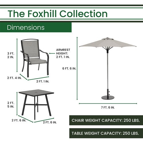 Hanover - Foxhill 3pc Dining Set: 2 Sling Dining Chairs, 30" Square Slat Table, Umbrella & Base - Grey/Gunmetal-United Backyard