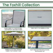Hanover - Foxhill 3pc Dining Set: 2 Sling Dining Chairs, 30" Square Slat Table, Umbrella & Base - Grey/Gunmetal-United Backyard