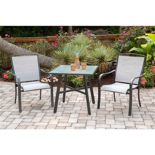 Hanover - Foxhill 3pc Dining Set: 2 Sling Dining Chairs and 1 30" Square Glass Table - Gray/Gunmetal-United Backyard