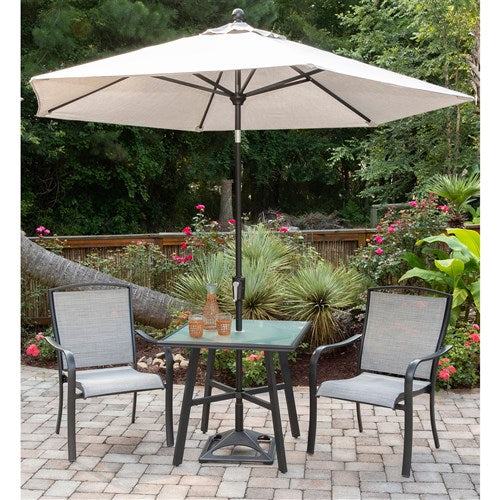 Hanover - Foxhill 3pc Dining Set: 2 Sling Dining Chairs and 1 30" Square Glass Table - Gray/Gunmetal-United Backyard