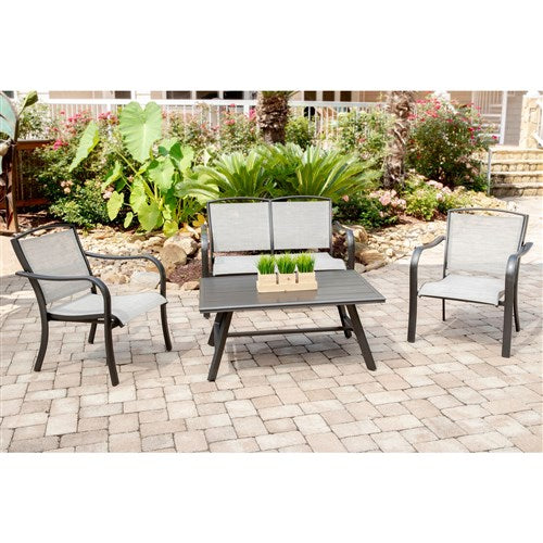 Hanover - Foxhill 4pc: 2 Sling Chrs, Sling Loveseat, and Slat Coffee Table - Gray/Gunmetal-United Backyard