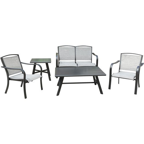 Hanover - Foxhill 5pc: 2 Sling Chrs, Sling Loveseat, Slat Coffee Table, 22" Side Table - Gray/Gunmetal-United Backyard