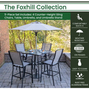 Hanover - Foxhill 5pc Counter Height Dining: 4 Sling Chairs, 42" Slat Table, Umbrella&Base - Grey/Gunmetal-United Backyard