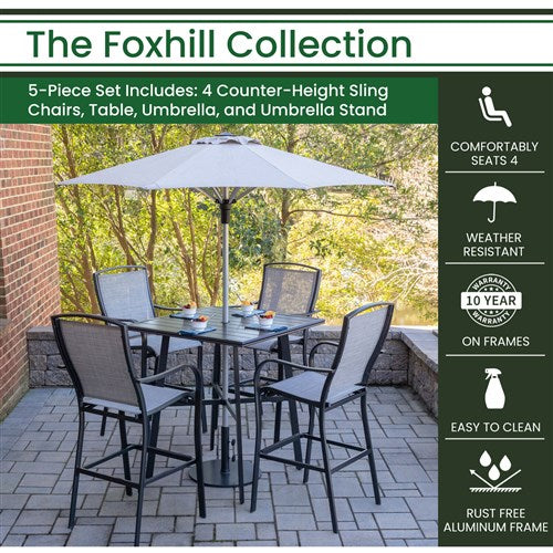 Hanover - Foxhill 5pc Counter Height Dining: 4 Sling Chairs, 42" Slat Table, Umbrella&Base - Grey/Gunmetal-United Backyard