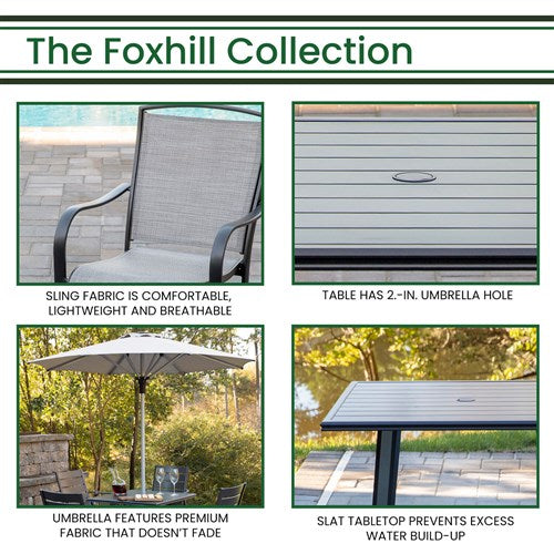 Hanover - Foxhill 5pc Counter Height Dining: 4 Sling Chairs, 42" Slat Table, Umbrella&Base - Grey/Gunmetal-United Backyard