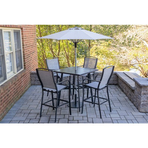 Hanover - Foxhill 5pc Counter Height Dining: 4 Sling Chairs, 42" Slat Table, Umbrella&Base - Grey/Gunmetal-United Backyard